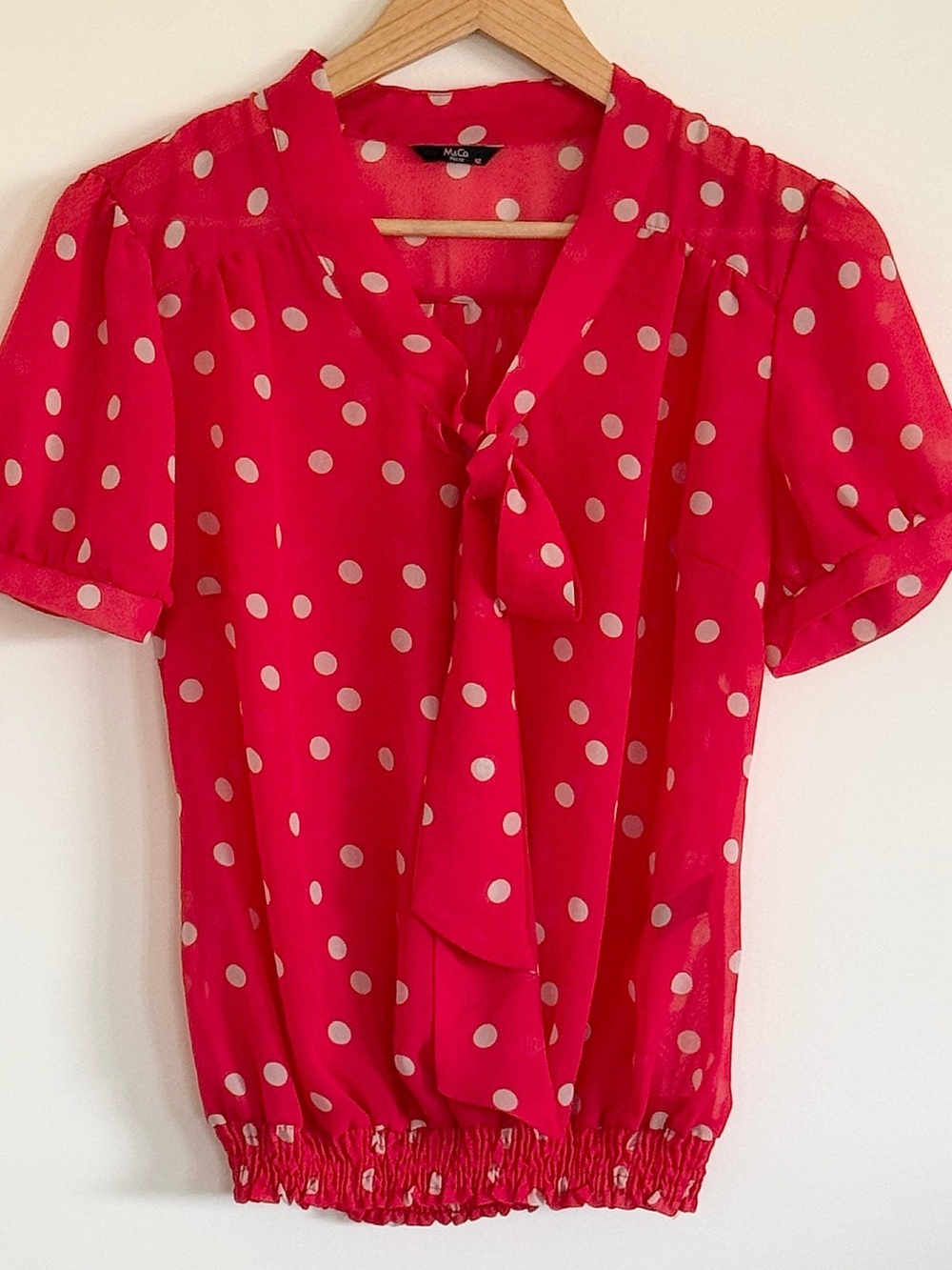 Cute Red Short-Sleeved Tie-Neck Polka Dot Blouse